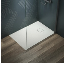 Douche à l''italienne avec receveur de douche plat et paroi en verre sur plancher en bois.