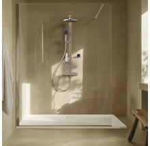 Cabine de douche avec douche de tête, douchette à main et receveur de douche dans une salle de bain