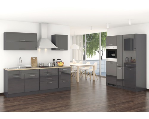 Held Möbel Küchenzeile mit Geräten Mailand 380 cm grau hochglanz zerlegt Variante reversibel