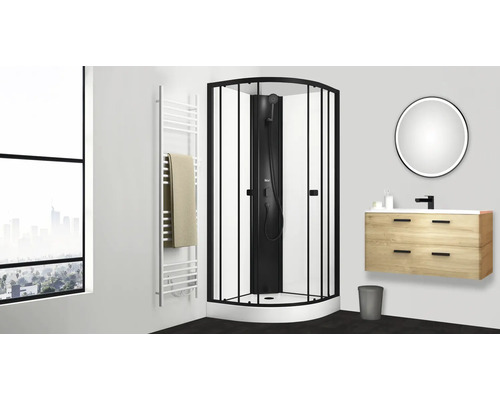 Salle de bain moderne avec douche d''angle, meuble-lavabo et sèche-serviettes