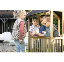 Des enfants jouent dans une cabane en bois dans le jardin.
