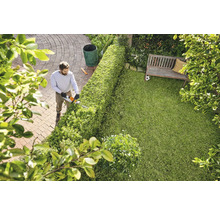 Un homme taille une haie avec un taille-haie dans un jardin