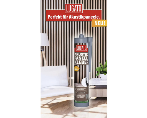 Lugato Akustikpaneelkleber Kartusche vor Akustikpaneelen