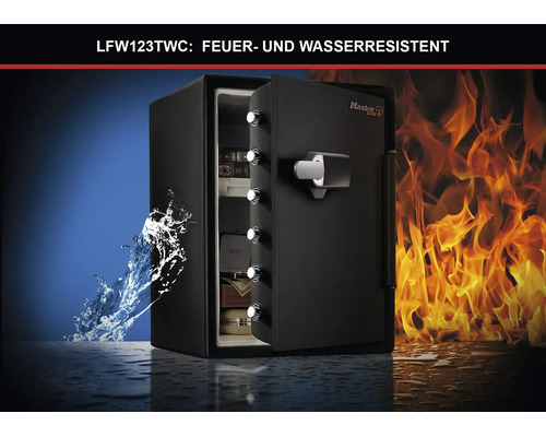 Coffre-fort Master Lock LFW123TWC noir, résistant au feu et à l'eau, avec flammes et éclaboussures d'eau illustrant l'effet protecteur.