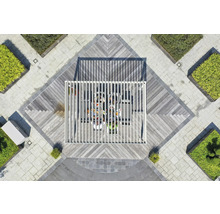 Vue de dessus d''une scène de jardin avec terrasse, pergola et plantations