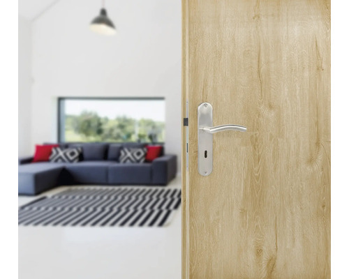 Holztür mit Türgriff in einem modernen Wohnzimmer