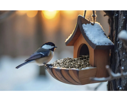 Vogel an einem mit Sonnenblumenkernen gefüllten Futterhaus im Winter