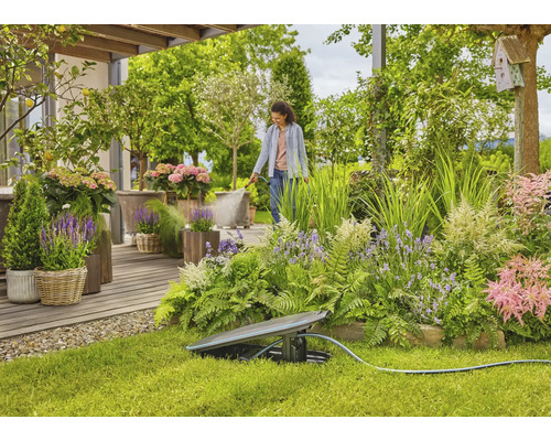 Jardin avec arroseur et une femme arrosant les plantes