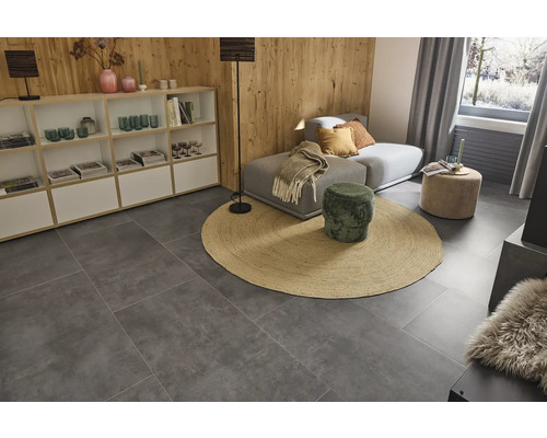 Wohnzimmer mit Regalsystem, Sofa, Teppich und grauem Fliesenboden.