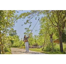 Frau benutzt eine Astschere mit Teleskopstiel im Garten, um Äste zu schneiden