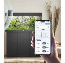 Aquarium avec meuble bas et main avec smartphone pour la planification de l''alimentation