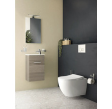 Salle de bains moderne avec meuble sous-lavabo, miroir, WC suspendu et rangement