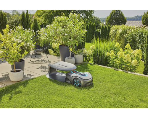 Szene mit Gardena Mähroboter auf Rasenfläche, im Hintergrund Pflanzen und Sträucher.
