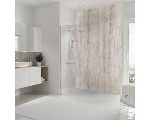 Salle de bain moderne avec douche, lavabo et grand miroir