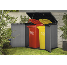 Box à ordures avec couvercle ouvert et deux poubelles