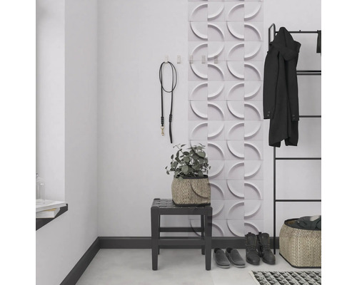 Hall d''entrée avec panneaux muraux, porte-manteau, tabouret, plante et chaussures