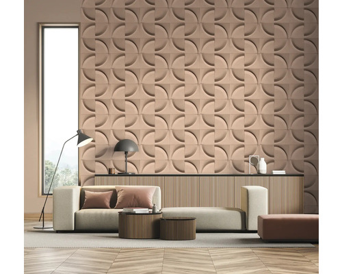 Salon avec panneaux muraux 3D, canapé et éclairage