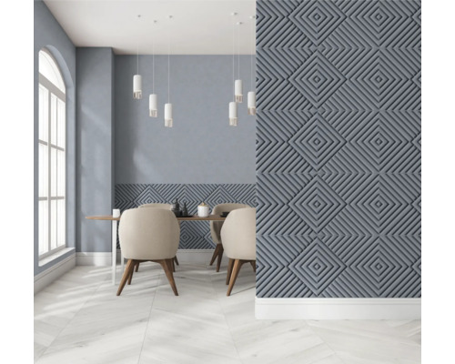 Salle à manger avec panneaux muraux en forme de losange, table à manger et chaises.