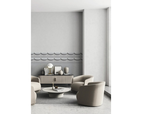 Salon avec meubles, carreaux muraux en forme de demi-lune et tapis