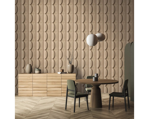 Séjour avec panneaux muraux de conception ovale, buffet, table à manger et chaises.