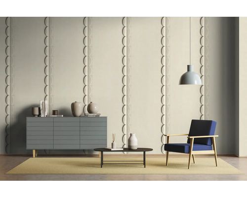 Wohnzimmer mit dreidimensionalen Wandpaneelen, Kommode, Sessel und Teppich