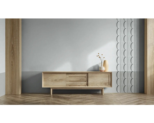 Wohnzimmer mit Sideboard, Vasen und Wandpaneelen