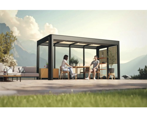 Pergola de terrasse avec table et chaises sur une terrasse avec vue sur les montagnes