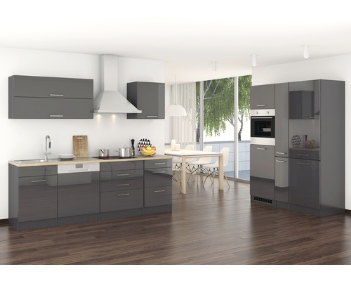 HORNBACH Küchenzeile mit 390 cm hochglanz Geräten Möbel Luxemburg Korpusfarbe Held graphit Mailand Frontfarbe - zerlegt grau