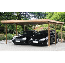 Double carport en bois avec deux voitures garées