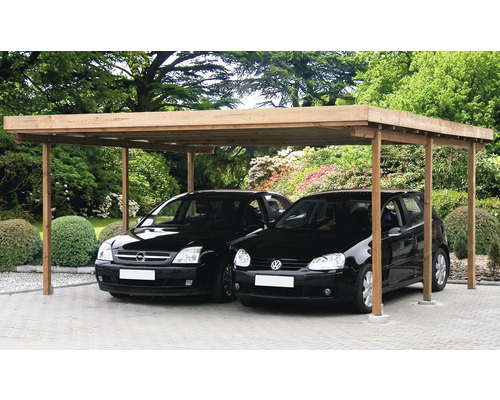 Double carport en bois avec deux voitures garées