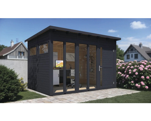 Abri de jardin Bertilo Pentus 3 Office avec plancher 359 x 266 cm anthracite Abri de jardin moderne avec fenêtres et mobilier de bureau