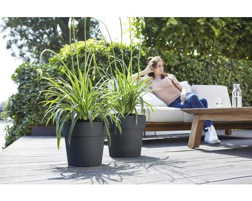Deux pots de fleurs noirs avec des plantes sur une terrasse avec une femme se relaxant sur un canapé
