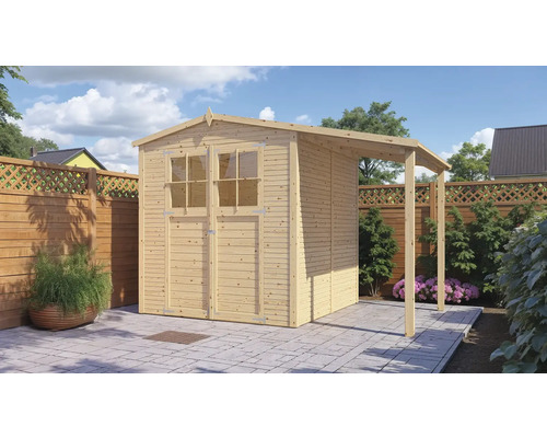 Abri de jardin Bertilo Fineline 3 Plus avec toit en appentis 344 x 210 cm naturel Abri de jardin en bois avec double porte et petit auvent dans le jardin