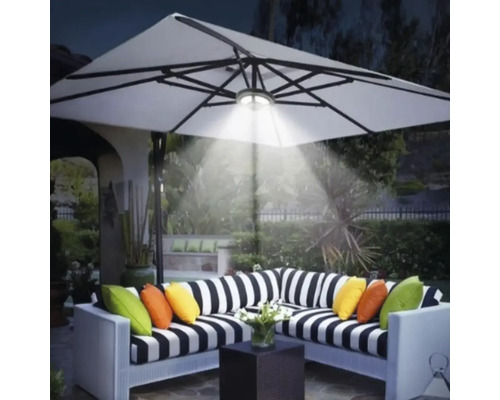 Scène avec un salon de jardin sous un parasol illuminé