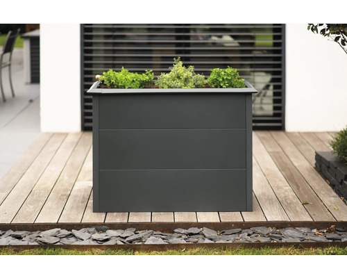 Jardinière carrée avec des plantes sur une terrasse