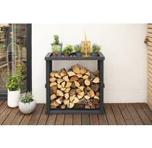 Étagère à bois avec bois de chauffage et plantes sur une terrasse