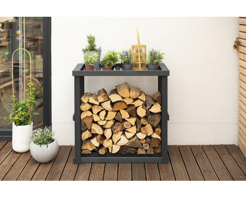 Étagère à bois avec bois de chauffage et plantes sur une terrasse