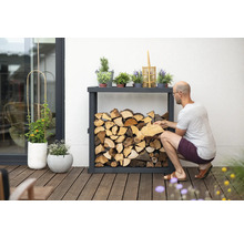 Étagère à bois remplie de bois de chauffage, décorée de diverses plantes à l''extérieur