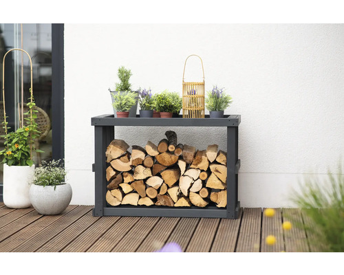 Étagère de rangement pour bois de chauffage avec bois de chauffage et plantes sur une terrasse