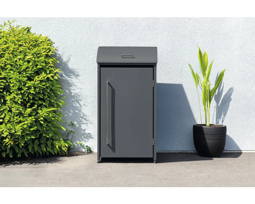 Cache-poubelle WESTMANN Moderna 1 avec ressorts pneumatiques 72 x 83 x 135 cm anthracite Boîte aux lettres à colis indépendante à côté d''une plante et d''un buisson