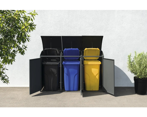 Mülltonnenbox für drei Mülltonnen aus Metall mit Mülltrennsystem