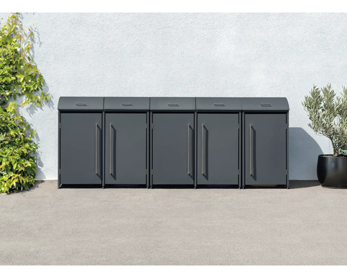 Cache-poubelle WESTMANN Moderna 5 avec ressorts pneumatiques 350 x 83 x 135 cm anthracite Cinq caches poubelles gris côte à côte avec des plantes