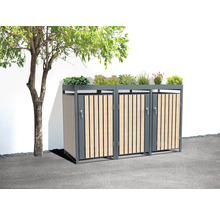 Cache-conteneurs avec jardinière et habillage en bois dans le jardin