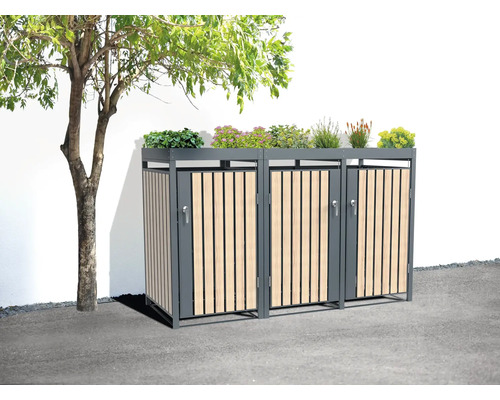 Cache-conteneurs avec jardinière et habillage en bois dans le jardin