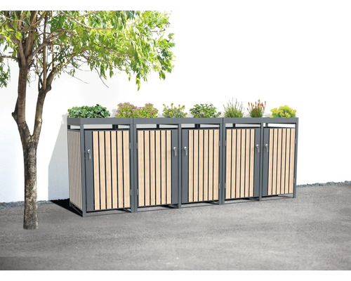 Cache-poubelle WESTMANN Planta 5 avec toit végétalisé 332 x 84 x 124,5 cm gris-aspect bois Cache-conteneurs pour plusieurs poubelles avec des plantes sur le toit
