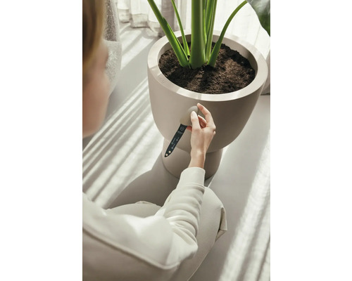 Une femme mesure l''humidité du sol dans un pot de fleurs avec un humidimètre.