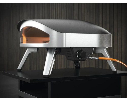 Pizzaofen aus Edelstahl und Stahl auf einem Tisch