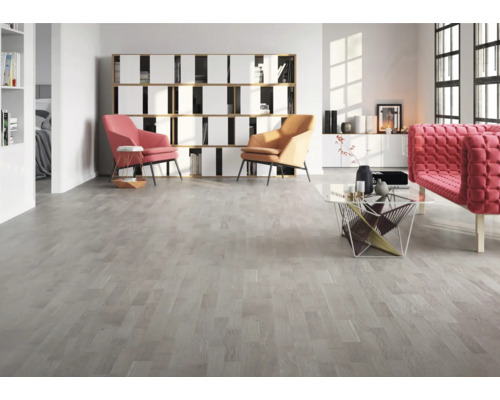 Espace de vie lumineux avec parquet, fauteuils et bibliothèque