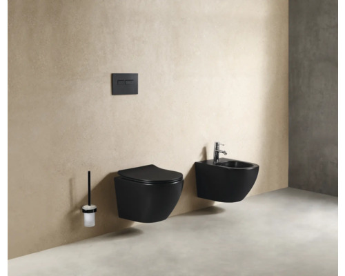 Toilettes suspendues et bidet dans une salle de bains avec plaque de commande du réservoir