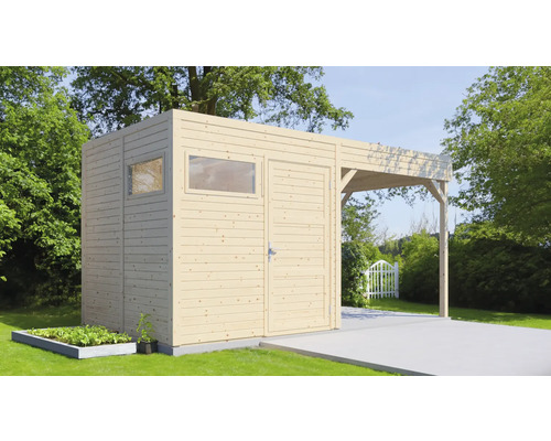 Holzgartenhaus mit Fenster, Tür und Carport